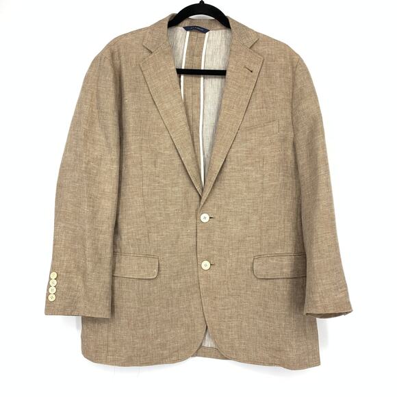Brooks Brothers 1818 Fitzgerald Two Button Blazer Jacket Mens Sz 40S Tan Linen - Picture 1 of 8